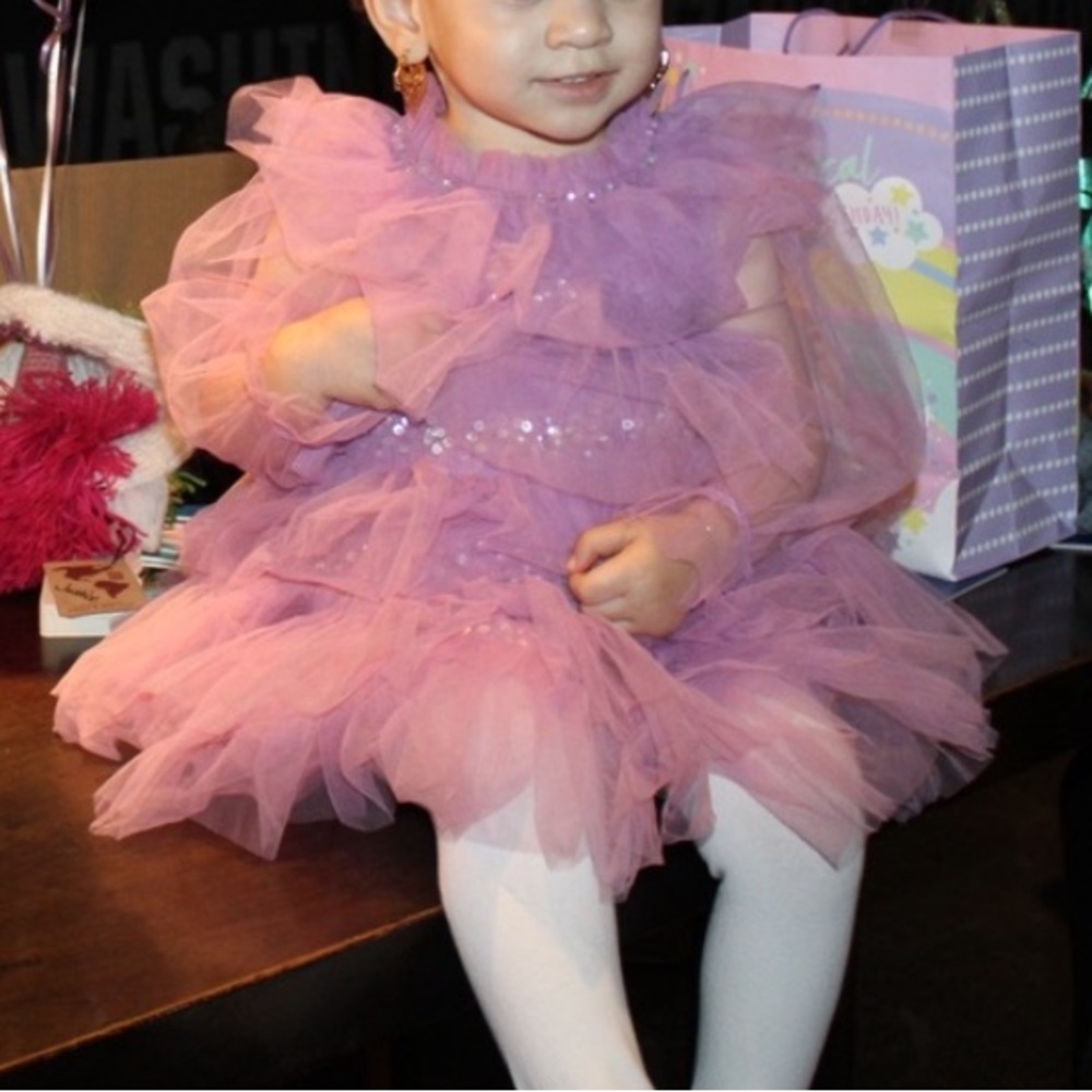 Designer Dress with sheer Puff Sleeves and Tulle Skirt